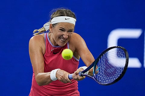 US Open 2024: Victoria Azarenka returns a shot to Clara Burel during a second round match of the U.S. Open